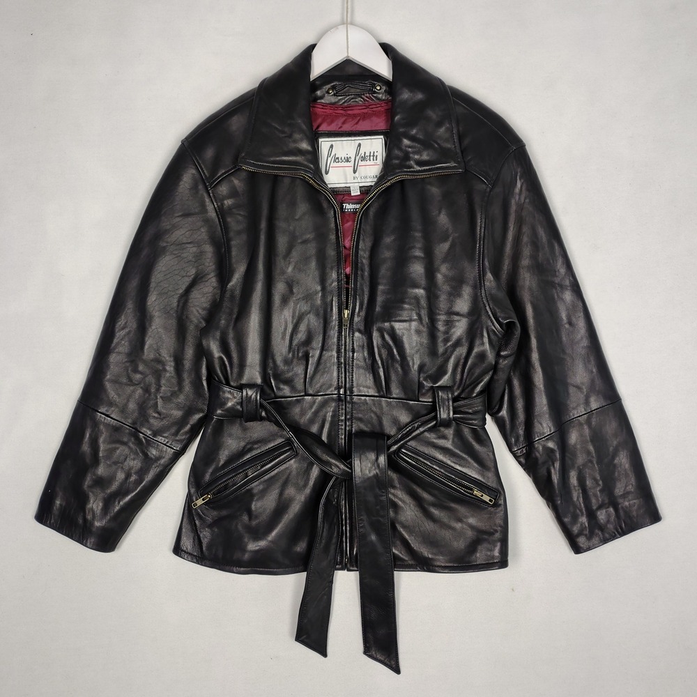 Classic Coletti by Cougar Black Leather Belted Jacket Thinsulate Lined L